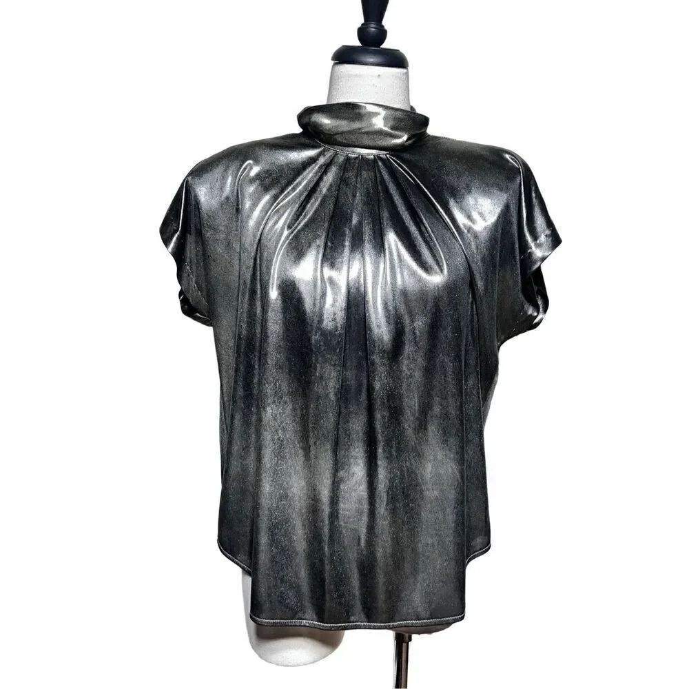 City Girl byāNancy Bolen Vintage Short Sleeve Metallic Retro BlouseāLarge